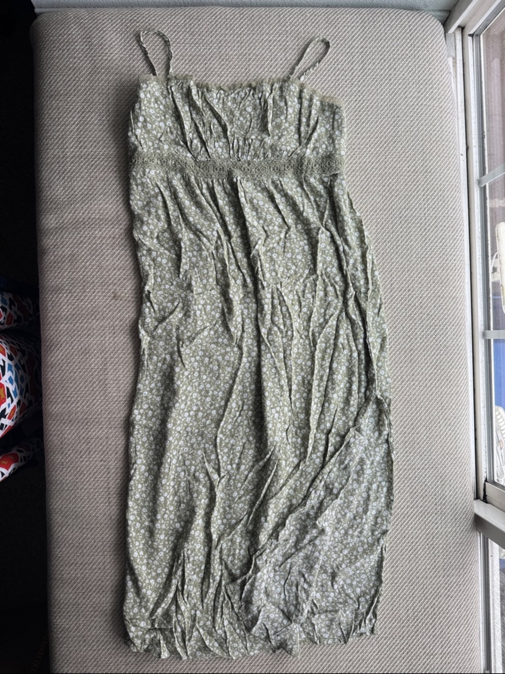 Olive Green Floral Maxi Dress with Spaghetti Straps size L fits like a medium